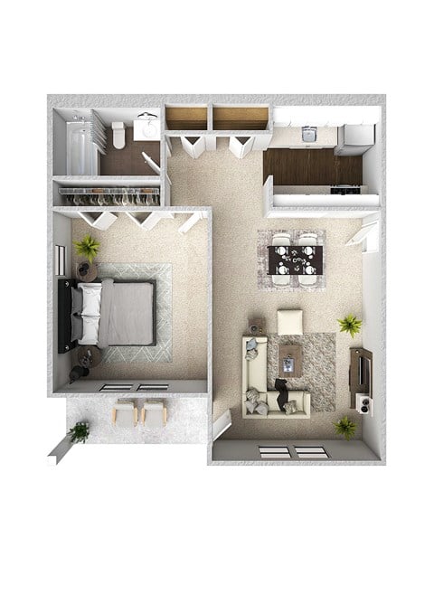 Floor plan for 1 bed, 1 bath, 581 sqft